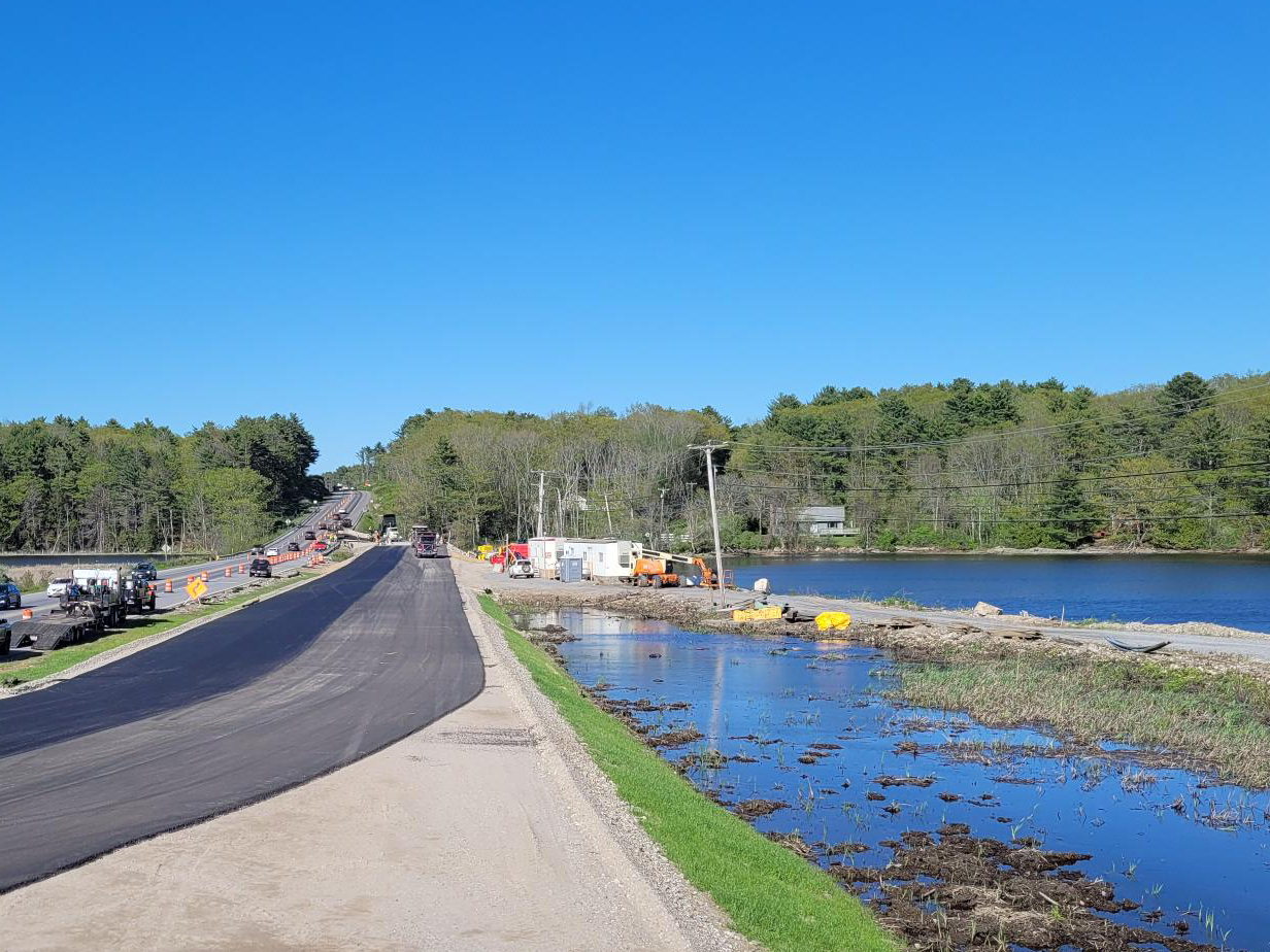 View of pavement for the temporary roadway, north of Station 46 Bridge, from temporary Station 46 Bridge, looking north towards the temporary Pleasant Cove Bridge & George Wright Rd.